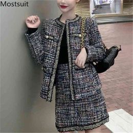 Vintage Elegant Tweed Two Piece Skirt Sets Outfits Winter Coat + A-line Suits Korean Ladies Fashion Female Femme 210513