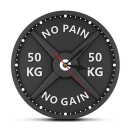 NO PAIN NO GAIN 50KG Barbell 3D Modern Wall Clock Weight Lifting Dumbbell Bodybuilding Wall Watch Gym Workout Strongman Gift 210325
