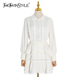 White Dress For Women Lapel Collar Long Sleeve High Waist Hollow Out Elegant Dresses Female Spring Clothes 210520