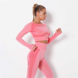 SeamlYoga Set Women 2pcs Two Piece Sport Outfits Long Crop Top High wasit Leggings Workout Gym Wear Suit FitnSets X0629