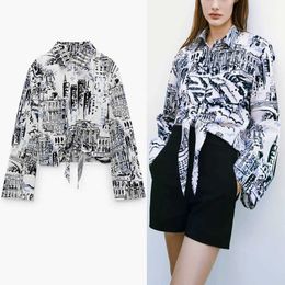 ZA Tied Print Shirt Women Long Sleeve Asymmetric Hem Vintage Tops Woman Chic Button Up Knotted Spring Blouse 210602