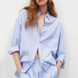Women Fashion Oversized Striped Asymmetric Blouse Vintage Long Sleeve Button-up Female Shirts Blusas Chic Tops 210430