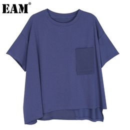 [EAM] Women Blue Pocket Irreguar Big Size Casual T-shirt Round Neck Short Sleeve Fashion Spring Summer 1DD6735 210512