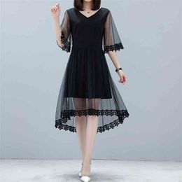 5XL plus size Fashion women's dress summer style mesh stitching bat sleeve backless sexy mid-length 210520