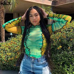 Kliou patchwork fashion breathable women print t-shirt mesh ruffles turtleneck full sleeve crop top female sexy Slim fit tee 210623