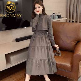 Spring French style Retro Temperament O-neck Women Frenulum Girdle Slim Long Dress Grace Swing 210506