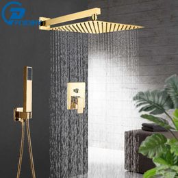 Golden Bathroom Shower Faucets Set 3-Ways Rainfall System Wall Mounted 8 10 12'' Shower Head Brass tub Spout Cold Mixer Tap T200612