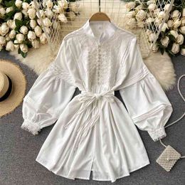 Women White Dress Fashion Spring Long Lantern Sleeve Strand Collar Single Breasted Loose Elegant Female Vestidos 210603