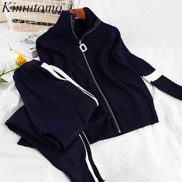 Kimutomo Casual Two Piece Set Women Spring Stand Collar Long Sleeve Zipper Knitted Cardigan and Elastic Waist Haroun Pants 210521