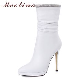 Meotina Winter Mid Calf Boots Women Natural Genuine Leather Crystal Thin Heels Boots Pleated Zip Super High Heel Shoes Lady Fall 210520