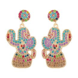 Statement Long Colourful Rhinestone Metal Christmas Cactus Dangle Earrings For Women High Quality Crystal Cute Jewellery