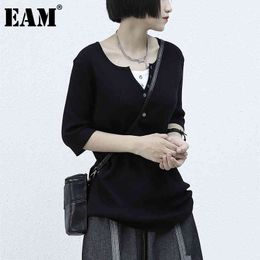 [EAM] Women Black Spliced Knitting Big Size Casual T-shirt Round Neck Half Sleeve Fashion Spring Summer 1DD7630 21512