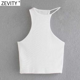 Zevity Women Chic Sexy Asymmetrical White Knitting Camis Tank High Street Ladies Sleeveless Vest Summer Slim Crop Tops SW843 210603