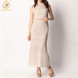 Summer Elegant Knitted 2 Piece Set Sleeveless Hollow Out Pullovers Tops +High Waist Mermaid Women Skirt Suit 210520