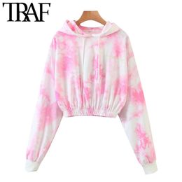 Women Fashion Tie-dye Print Cropped Hoodies Sweatshirts Vintage Long Sleeve Elastic Hem Female Pullovers Chic Tops 210507