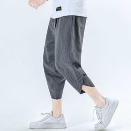 2021 New Men Summer Cotton Linen Harem Pants Fashion Baggy Casual Loose Cropped Pants Drawstring Male Trousers Streetwear X0723