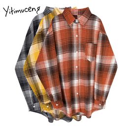 Yitimuceng Blouse Women Vintage Long Sleeve Top Pocket Plaid Shirts Plus Size Loose Style Clothing Casual Fashion Elegant Coffee 210601