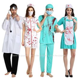 Nurse's Day Women Sexy Party Dress Men Doctor Coats Tops Pants Hats Halloween Horror Bloody Nurse Uniform Scary Cosplay Costumes Y0903