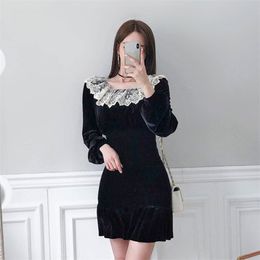 Han edition in the fall of lace crochet falbala collar cultivate one's morality package buttocks velvet dress 210602