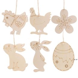 10pcs/lot Wooden Easter Pendant Happy Easter Eggs Rabbit Bunny Hanging Ornament Kids Easter DIY Toys CCF11608