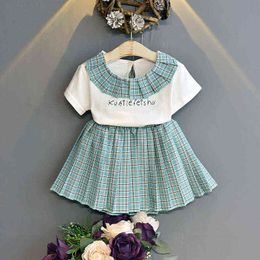Gooporson Fashion Korean Children Clothes Letter Short Sleeve Top&plaid Skirt Cute Toddler Girls Clothing Set School Outfits G220310