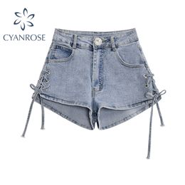 Summer High Waist Wide Leg Jeans Shorts Casual Blue Denim Both Side Tie Mini Short Sexy Female 210430