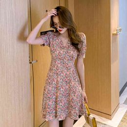 Summer Women V Neck Short Sleeve Floral Print Bandage Casual Chiffon Beach Mini Dress Vestido De Verao 210515