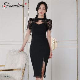 Sexy Women Summer Two Pieces Set Black Short Sleeve Hollow Out Floral Lace Top and Pencil Skirt Suits for Party 210603