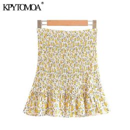 KPYTOMOA Women Sweet Fashion Floral Print Ruffled Mini Skirt Vintage High Elastic Waist Smocked Female Skirts Mujer 210621