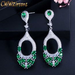 Elegant Royal Blue Green Cubic Zirconia Stone Women Long Dangle Drop Engagement Wedding Party Earring Jewelry CZ441 210714