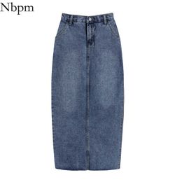 Nbpm Women Chic Fashion With Denim Pockets Midi Skirts Slit High Waist Elegant Bottoms Vintage Casual Spring Summer 210529