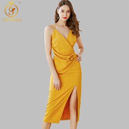 High-Quality Design Fashion Female Sexy Split Summer Dresses Women's V-Neck Spaghetti Strap High Waist 210520