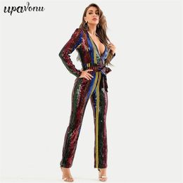 Free Chic Women's Colour Sequin Jumpsuit Sexy V-neck Long Sleeve Lace-Up Slim Celebrity Club Party 210524