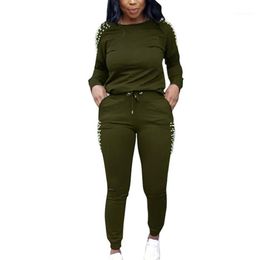 Women's Jumpsuits & Rompers QILI Women Beading Autumn Long Sleeve Two Piece Set Office Lady Jumpsuit 2 Casual Womens Plus Size