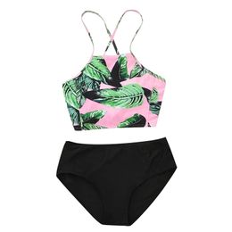 Top Band Printed Bikini Swimsuit Women Swimwear High Neck Set Beachwear Bathing Suit Push Up Padded Bodysuits 210714