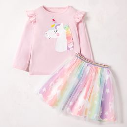 Kids Girls Unicorn Clothing Sets autumn long sleeve ruffed Suit tutu mesh skirts children outfits M3906