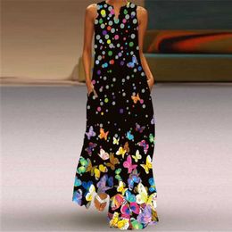 Summer New Butterfly Print Vintage Dress Casual Sexy Bohemian Beach Dress Ladies V-neck Sleeveless Pocket Plus Size Long Dress Y1006