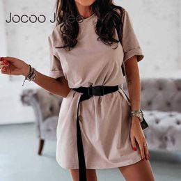 Jocoo Jolee Women Casual Short Sleeve O Neck T Shirt Dress Solid Loose Mini Dress With Belt Fashion Sports Hip hop Tunic Dress 210619