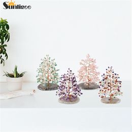 Sunligoo 7 Chakra Crystal Beads Tumbled Stones Tree of Life with Agate Base Stand Money Tree Feng Shui Ornament 5.12-6.29"inches 210318