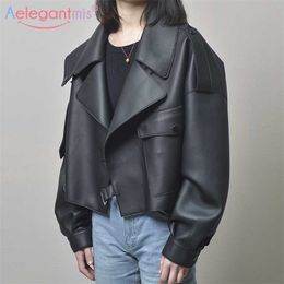 Aelegantmis Black Short Loose Pu Leather Jacket Autumn Winter Soft Faux Leather Jacket Street Casual Outwear Ladies Biker Jacket 211110