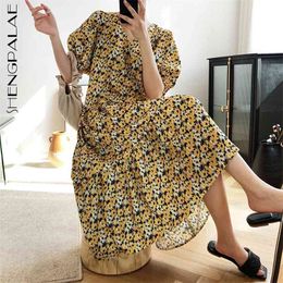 Yellow Foral Derss Women's Summer V-neck Slim Short Sleeve Mid-calf Big Swing Dresses Female Tide 5E175 210427