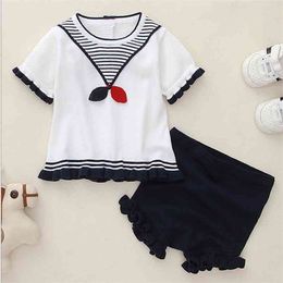 Infant Girls Clothing Sets Kids Suit Baby Girl Cute Bow knot Short Sleeve Stripe 2Pcs Fashion Clothes 210521