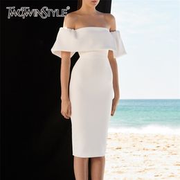 White Sexy Midi Dress For Women Slash Neck Short Sleeve High Waist Summer Dresses Female Fashion Clothing 210520