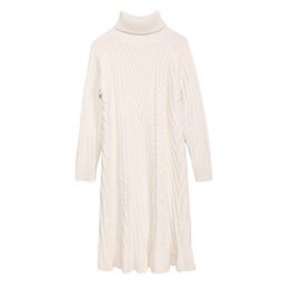 Women Twisted Knitted Jacquard Turtle Neck Long Sleeve Knee Length Dress Brown Apricot Casual Autumn Winter D2209 210514