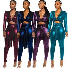 Women's Jumpsuits & Rompers Sexy Shiny Bandage Jumpsuit Women Body Overalls One Piece Club Outfit Skinny Long Sleeve Bodycon