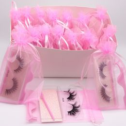 3D Faux Mink Eyelashes Natural Long Soft Handmade Cruelty-free False Eye Lashes with Tweezer Lash Brush Set in Pink Bag