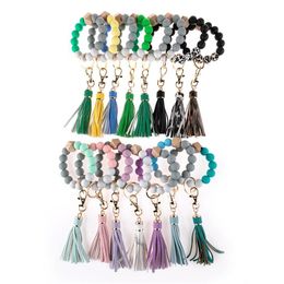 Silicone Beaded Strands Bracelets Wood Beads Tassels KeyChain Women Men Key Rings Bangles Colorful