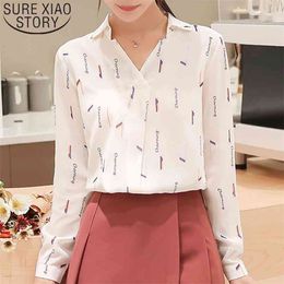 autumn fashion women chiffon shirt long sleeve v-neck blouses casual printed plus size tops OL style 5992 50 210506