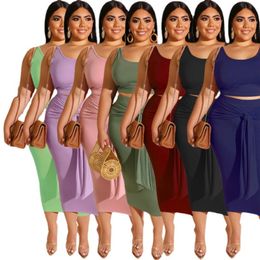 4XL 5XL Women plus size dress sets tank top+skinny bandaged skirt two piece set solid color vest tops+long dresses summer Clothing 4966