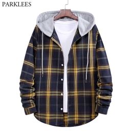 Men's Plaid Hooded Shirts Spring Long Sleeve Lightweight Shirt Jacket Men Casual Button Down Tops Blouse Chemise Homme 210522